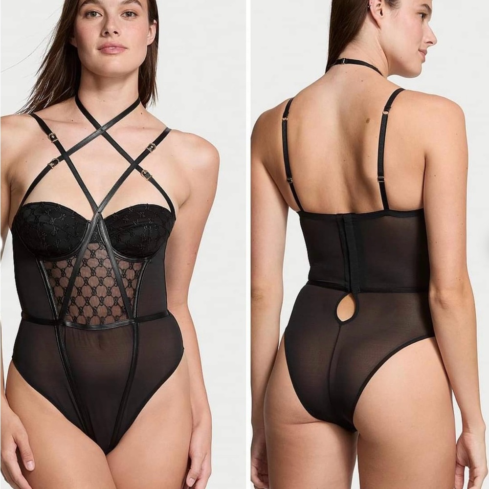 Victoria Secret VS Logo Embroidery Balconette Faux-Leather Trim Teddy X-Large-